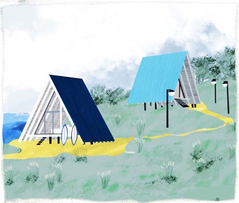 Framed Lake Cabins At Dawn Print