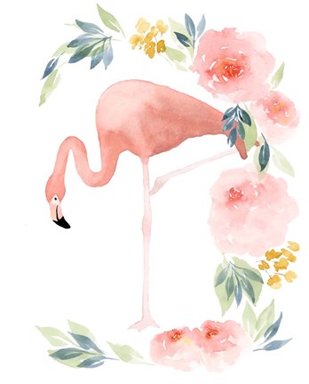 Framed Floral Flamingo I Print