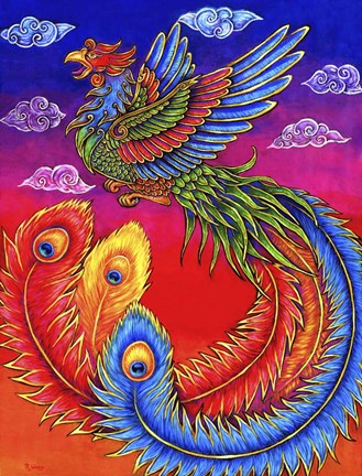 Framed Fenghuang Chinese Phoenix Rainbow Bird Print