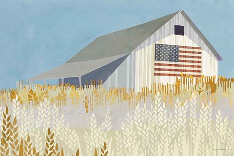 Framed Wheat Fields Barn with Flag Print