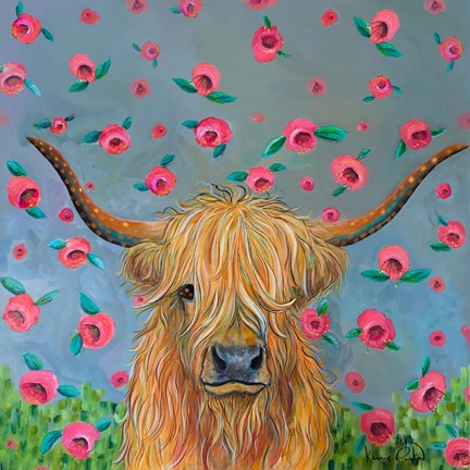 Framed Highland Cow with Flowers Print