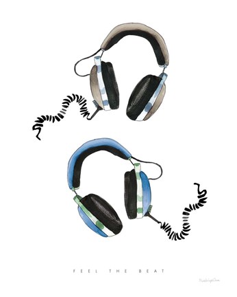 Framed Headphones Love Blue Gray Print