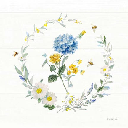 Framed Bees and Blooms Flowers III with Wreath Print