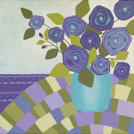 Framed Blue Vase, Purple Flowers Print