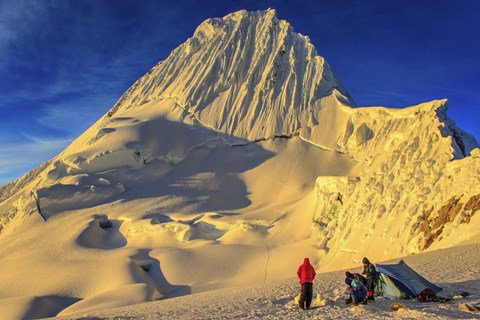 Framed Mountaineers Camping on Alpamayo Mountain at Sunrise, Peru Print