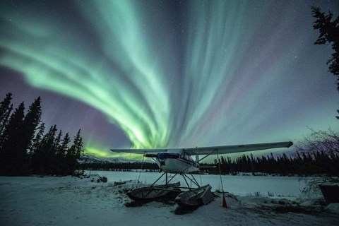 Framed Northern Lights Above a Plane at Night Print