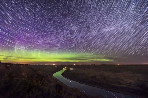 Framed Circumpolar Star Trails and Aurora Over the Red Deer River, Alberta Print