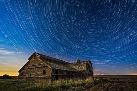 Framed Circumpolar Star Trails Over An Old Barn in Southern Alberta Print