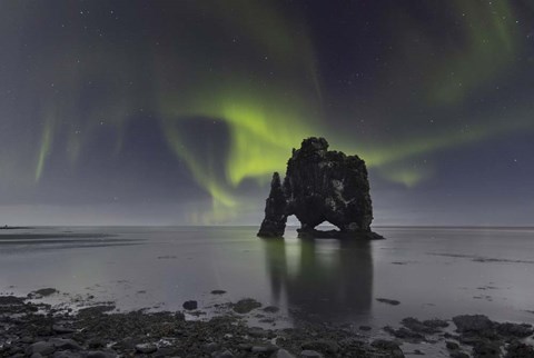 Framed Northern Lights Over Hvitserkur, a Spectacular Rock Formation in Iceland Print