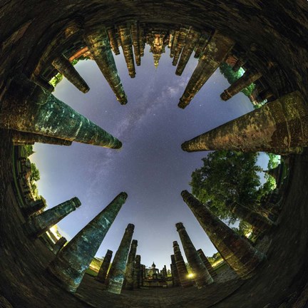 Framed 360 Degree Panorama View of Wat Mahathat With Milky Way Print