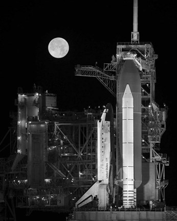 Framed Space Shuttle Discovery Sits Atop the Launch Pad With a Full Moon in Background Print