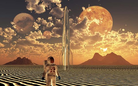 Framed Astronaut Using a Rocketship To Travel To Different Alien Planets Print