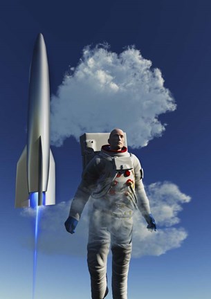Framed Human Astronaut in Front of a Rocketship Taking Off Print