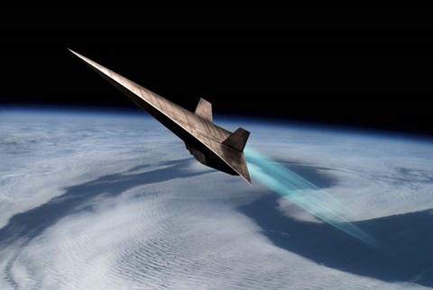 Framed Unmanned Scramjet Flys Toward Outer Space Near the Edge of Earth&#39;s Atmosphere Print