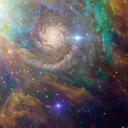 Framed Spiral Galaxy in a Colorful Deep Space Scene Print