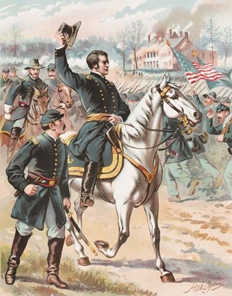 Framed General Joseph Hooker riding on a horse and waving at his troops Print