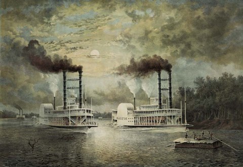 Framed Steamships Baltic and Diana, in a neck-to-neck race on the river Print