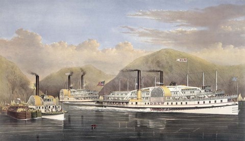 Framed American Steamboats on the Hudson River passing the Highlands, 1874 Print