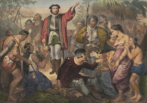 Framed Christopher Columbus among Indians in the New World Print