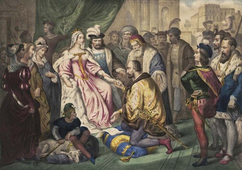 Framed Christopher Columbus kneeling in front of Queen Isabella I Print