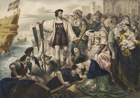 Framed Christopher Columbus leaving the port of Palos, Spain, for the New World Print