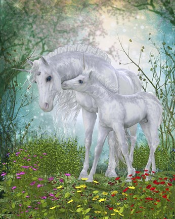 Framed Unicorn Foal with Mother  in a Magical Forest Print