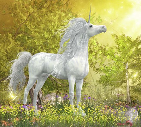 Framed White Unicorn Stallion Stands in a Meadow Full of Flowers Print
