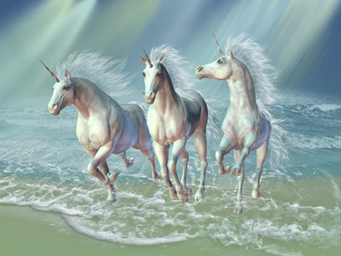 Framed Herd of Unicorns Gallop Through the Waves Print