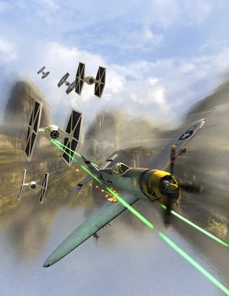 Framed WW II P-47 Thunderbolt Being Chased By Some Tie Fighters of Star Wars Print