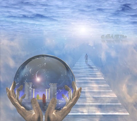 Framed Crystal Ball With Temple and Monk Print