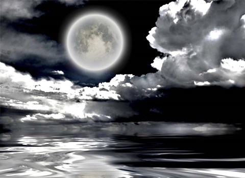 Framed Full Moon Dramatic Clouds Reflected in Calm Wat Print