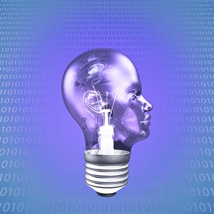 Framed Head Light Bulb With Binary Code Print