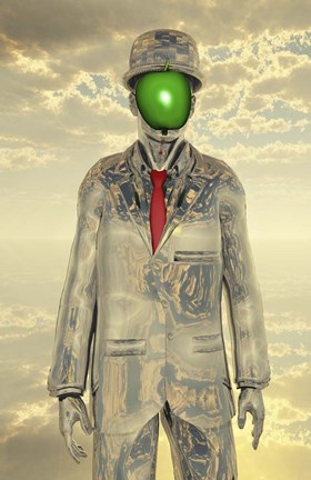 Framed Metallic Man With Face Obscure By Green Apple Print