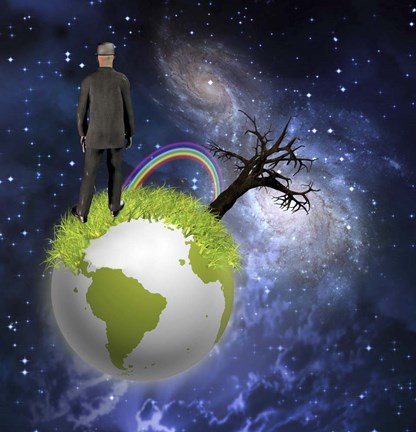 Framed Man Stands On Globe With Old Tree and Rainbow Deep Space Print