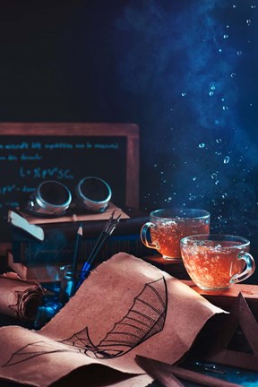 Framed Steampunk Tea (With Goggles And Blueprints) Print