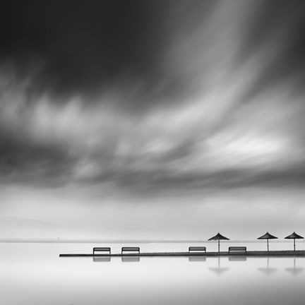 Framed Four Benches and Three Umbrellas Print