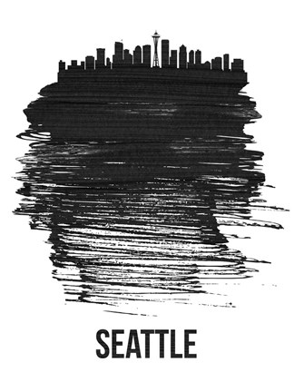 Framed Seattle Skyline Brush Stroke Black Print