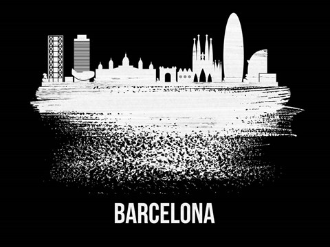 Framed Barcelona Skyline Brush Stroke White Print