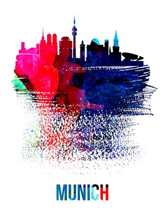 Framed Munich Skyline Brush Stroke Watercolor Print