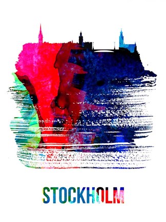 Framed Stockholm Skyline Brush Stroke Watercolor Print