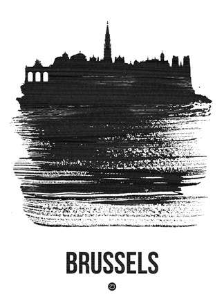 Framed Brussels Skyline Brush Stroke Black Print