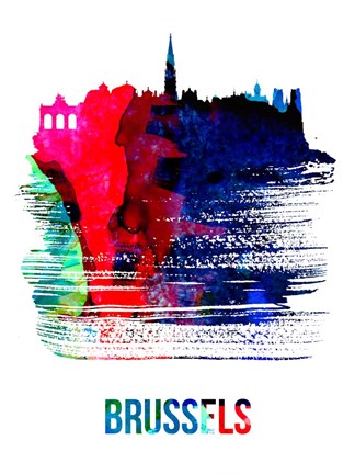 Framed Brussels Skyline Brush Stroke Watercolor Print