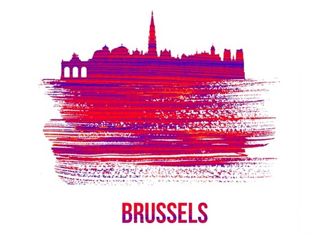 Framed Brussels Skyline Brush Stroke Red Print