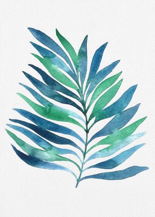 Framed Blue and Green Watercolor Leaves 1 Print
