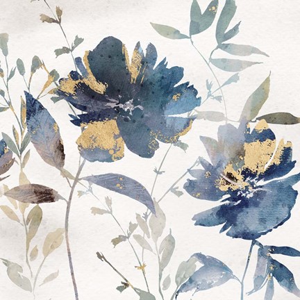 Framed Blue Watercolor Florals II Print