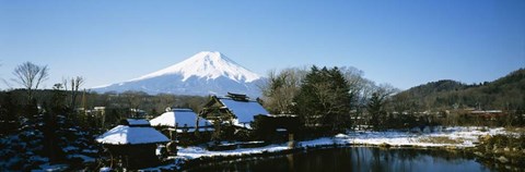 Framed Houses in front of a mountain, Mt Fuji, Honshu, Japan Print