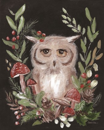 Framed Christmas Owl and Mushrooms Print