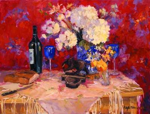 Framed White Roses W- Wine Print