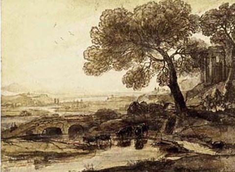 Framed Sepia Landscape with Bridge Print
