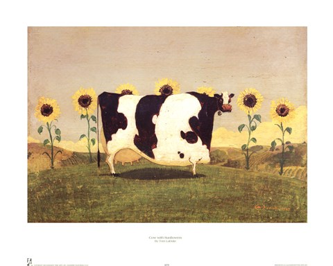 Framed Cow With Sunflowers Print